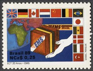 Stamp, 20 years ECT, Brazil,  , Postal Services, Flags, Hands