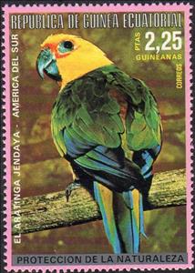 Stamp, Sun Parakeet (Aratinga solstitialis), Equatorial Guinea,  , Birds, Animals (Fauna)