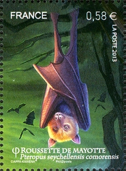 Stamp, Bats - Pteropus seychellensis comorensis, France,  