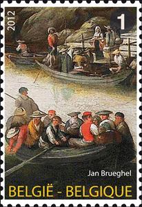 Stamp, "Cabaret on the banks of the river" by Jan Brueghel the youn, Belgium,  