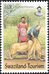 Stamp, King Mswati III facing lions, Swaziland,  