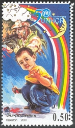 Stamp, 50th anniversary of the UN High Commissioner's Office for Refugees - boy and rainbow, Tajikistan,  