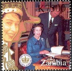 Stamp, golden Jubilee of H.M. Queen Elizabeth II - with Prince Philip, Zambia,  