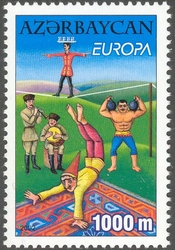 Stamp, EUROPA - Circus ropewalker. strong man and clowns, Azerbaijan,  