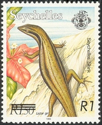 Stamp, Endemic Flora and Fauna Definitive overprint - Lezar gri, Seychelles,  
