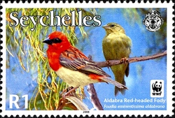 Stamp, WWF - Aldabra Red Headed Fody, Seychelles,  