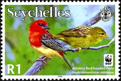 Stamp, WWF - Aldabra Red Headed Fody, Seychelles,  
