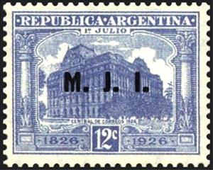 Stamp, Central Post Office in 1926, ovpt. “M.J.I.”, Argentina,  , Buildings, Post Offices