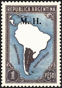 Stamp, Map of South America without borderlines, ovpt. “M.H.”, Argentina,  , Maps, Geographers