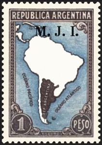 Stamp, Map of South America without borderlines, ovpt. “M.J.I.”, Argentina,  , Maps, Geographers