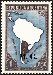 Stamp, Map of South America without borderlines, ovpt. “M.G.”, Argentina,  , Maps, Geographers