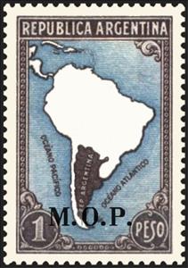 Stamp, Map of South America without borderlines, ovpt. “M.O.P.”, Argentina,  , Maps, Geographers