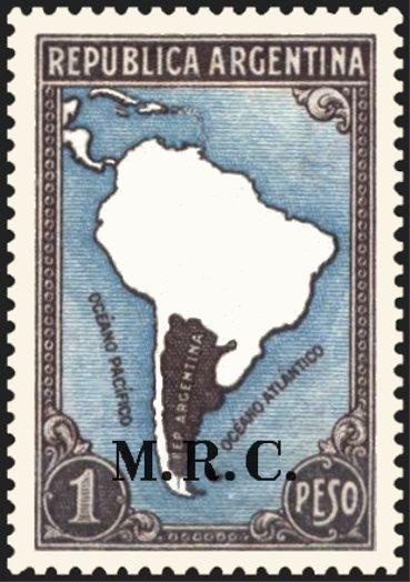 Map of South America without borderlines, ovpt. “M.R.C.”