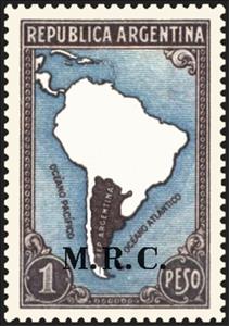 Stamp, Map of South America without borderlines, ovpt. “M.R.C.”, Argentina,  , Maps, Geographers