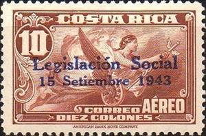 Stamp, Allegory of Flight, blue overprint, Costa Rica,  