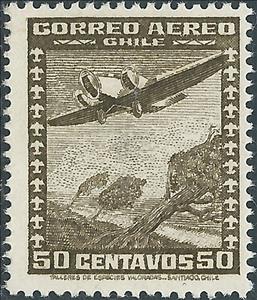Stamp, Plane over mountain landscape, Chile,  , Aviation, Aircrafts