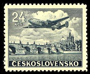 Stamp, Flight Prague-New York, Czechoslovakia,  , Bridges, Townscapes / City Views, Aircrafts