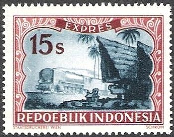 Stamp, Locomotive and batak house, Indonesia,  , Houses, Railways, Steam Traction, Locomotives