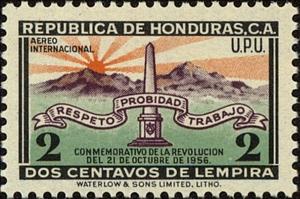 Stamp, Obelisk "reputation, integrity, work", Honduras,  , Mountains
