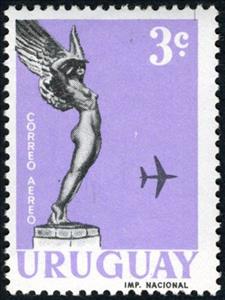 Stamp, Monument "Winged Goddess" and airplane, Uruguay,  