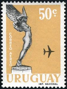 Stamp, Monument "Winged Goddess" and airplane, Uruguay,  