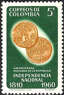Stamp, First coins of Republic, Colombia,  