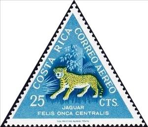 Stamp, Jaguar (Panthera onca), Costa Rica,  , Mammals, Animals (Fauna), Triangle Stamps, Jaguars