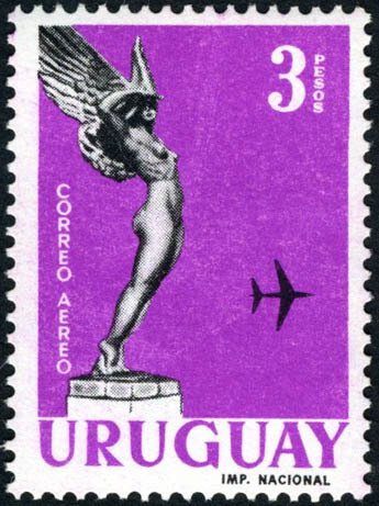 Monument "Winged Goddess" and airplane