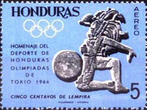Stamp, kneeling ball player with leg protection, head-dress and a h, Honduras,  , Sport, Olympic Games