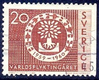 Stylized uprooted tree (emblem of the World Refugee Year)