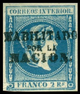 Queen Isabella II. (handstamped: Habilitado por la NACION)