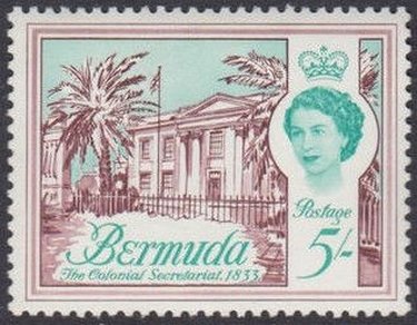 Stamp, Colonial Secretariat, 1833., Bermuda,  , Trees, Palm-trees, Flags, Buildings, Queens, Historic Sites