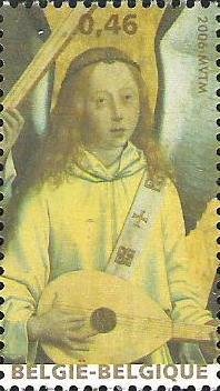 Stamp, Angels making music by Hans Memling 3, Belgium,  , Music, Musical Instruments, Christmas, Paintings, Angels