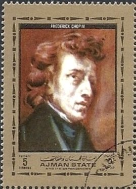 Stamp, Frédéric François Chopin (1810-1849), by Eugène Delacroix, Ajman,  , Paintings, Composers
