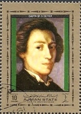 Stamp, Frédéric François Chopin (1810-1849), by Ary Scheffer, Ajman,  , Paintings, Composers