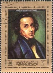 Stamp, Frédéric François Chopin (1810-1849), by Ludwig Nauer, Ajman,  , Paintings, Composers