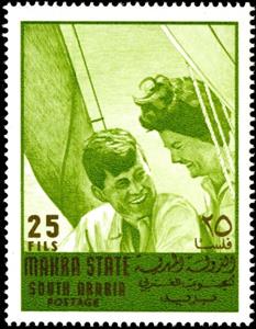 Stamp, Kennedy and his wife aboard a sailing yacht, Aden,  