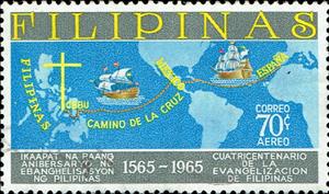 Stamp, World map showing route of the Cross, Philippines,  , Maps, Sailing Ships