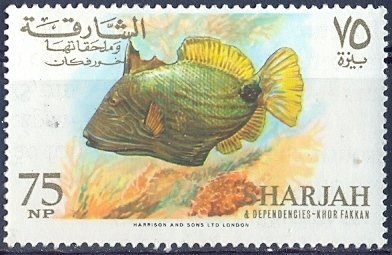Stamp, Orange-lined Triggerfish (Balistapus undulatus), Sharjah,  , Fishes