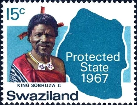 King Sobhuza II and map of Swaziland