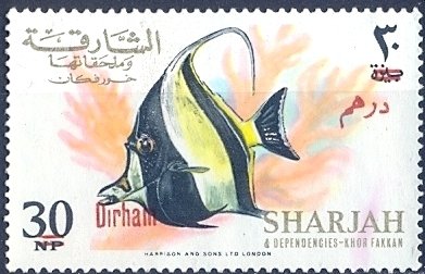 Stamp, Moorish Idol (Zanclus cornutus), Sharjah,  , Fishes