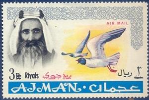Stamp, Sheik Rashid and White-eyed Gull (Larus leucophthalmus), Ajman,  , Heads of State, Birds, Gulls, Animals (Fauna)