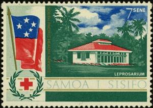 Stamp, Leprosarium, Samoa,  , Trees, Flags, Red Cross and Red Crescent, Rescue Services, Buildings