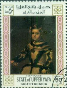 Stamp, Portrait of the child Margarita Teresa; by Velazquez (1599-1, Aden,  , Paintings