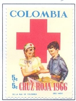 Stamp, Young Red Cross assistant administers first aid; red Cross, Colombia,  , Red Cross and Red Crescent