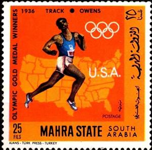 Stamp, Running (1936) - James Cleveland Owens (1913-1980), Aden,  , Athletics, Olympic Games, Running, Athletes
