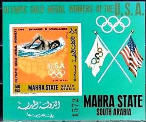 Souvenir Sheet, Swimming (1964) - Donald Arthur Schollander (*1946), Aden,  , Olympic Games, Swimming