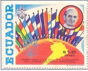 Stamp, Pope Paul VI., flags of participating countries, Ecuador,  , Popes