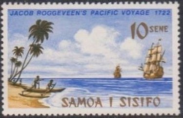 Stamp, Outrigger canoe and Roggeveen’s ships., Samoa,  , Trees, Sailing Ships