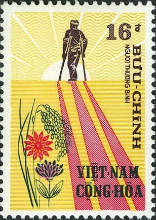 Soldier on crutches and flowers